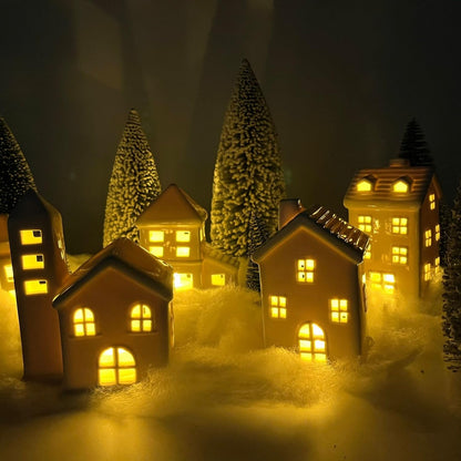 Ceramic Christmas Village Houses 5 Pcs White Christmas Houses & 9 Pcs Christmas Trees & Fake Snow Farmhouse Christmas Decorations Indoor for Home Table Mantle Fireplace