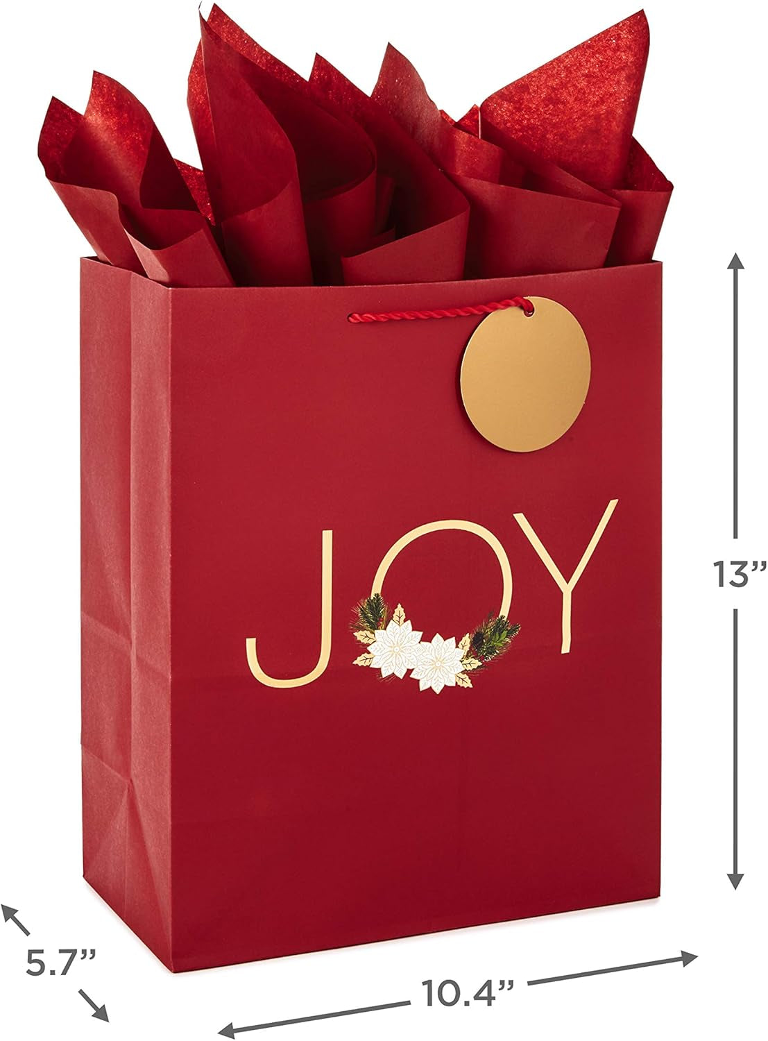 13" Large Christmas Gift Bag Assortment with Tissue Paper (3 Bags: Merry Christmas Wreath, Gold Joy, Snowy Red Barn) Red, White, Gold Foil