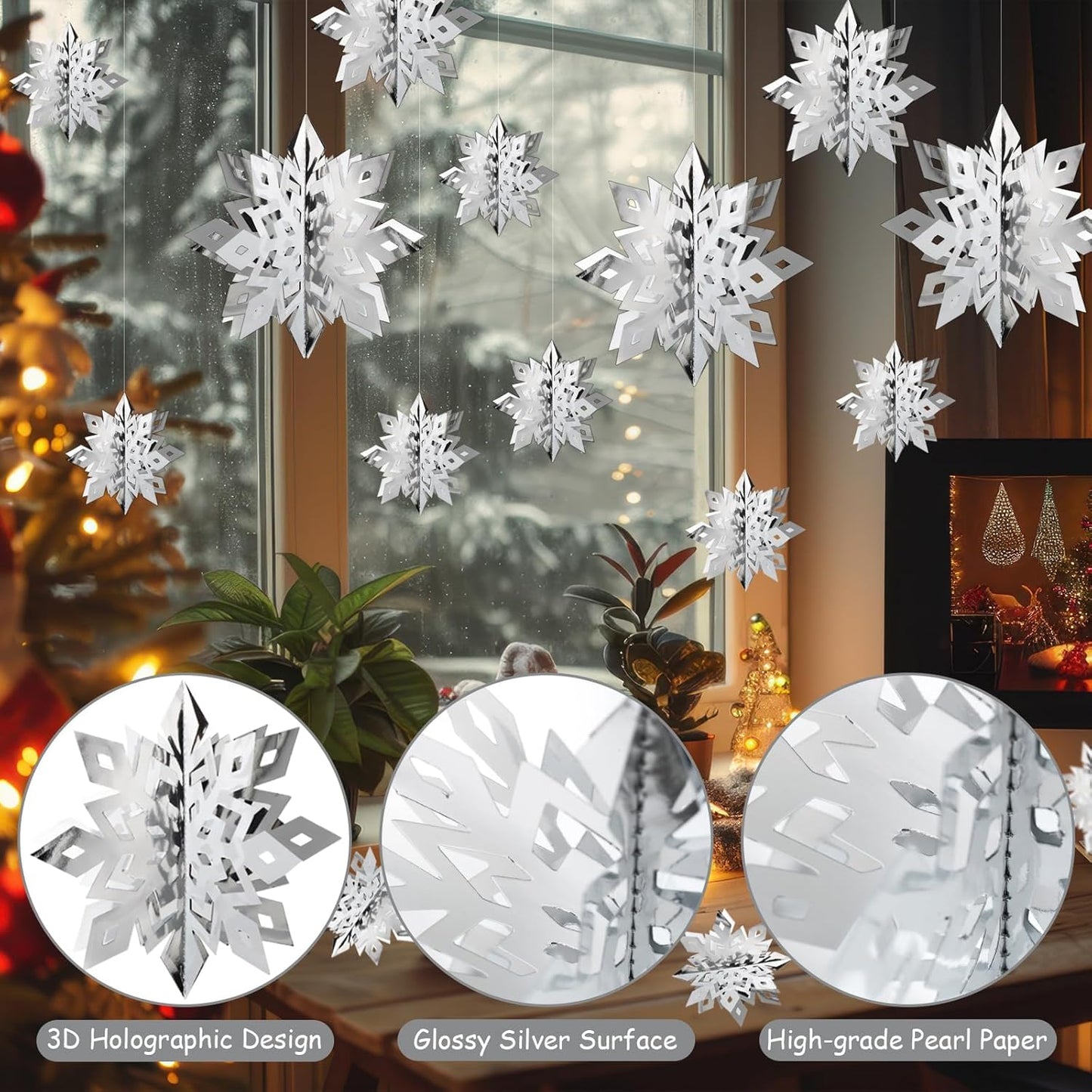 Winter Christmas Snowflake Decorations Indoor, 24PCS 3D Silver Blue Snowflakes Christmas Hanging Ornaments for Home Xmas Christmas Holiday Winter Wonderland New Year Party Decor Supplies