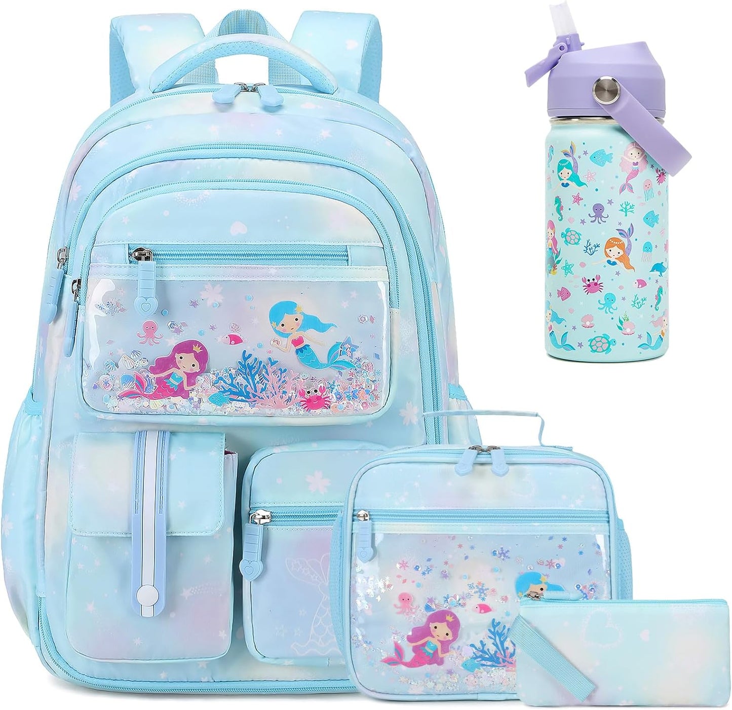 Kids School Backpack for Girls, Mermaids Bookbag Backpack with 14OZ Kids Water Bottle, Lunch Bag Set for Girls Kids Teens Middle School Student, Girls Backpack for School (4Pcs Water Bottle)