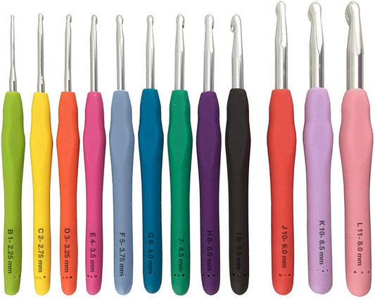 Crochet Hooks Kit - 12 Piece Set Extra-Long Crocheting Needles with Soft, Ergonomic Rubber Grips and 12 Hook Sizes - Knitting & Crochet Supplies for Beginners, Comfortable/Easy to Use