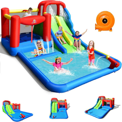 Inflatable Water Slide, 8 in 1 Mega Waterslide Park Bounce House for Outdoor Fun W/735W Blower, Long Slide, Splash Pool, Water Slides Inflatables for Kids and Adults Backyard Party Gifts