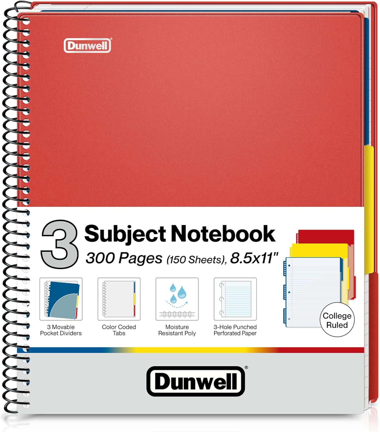 3-Subject Notebook College Ruled 8.5 X 11 (Red) - 150 Sheets/300 Pages, Spiral Notebook 8.5X11 with Tabs, Movable Dividers, Pockets, Front/Back Plastic Covers, Multi Subject Notebook