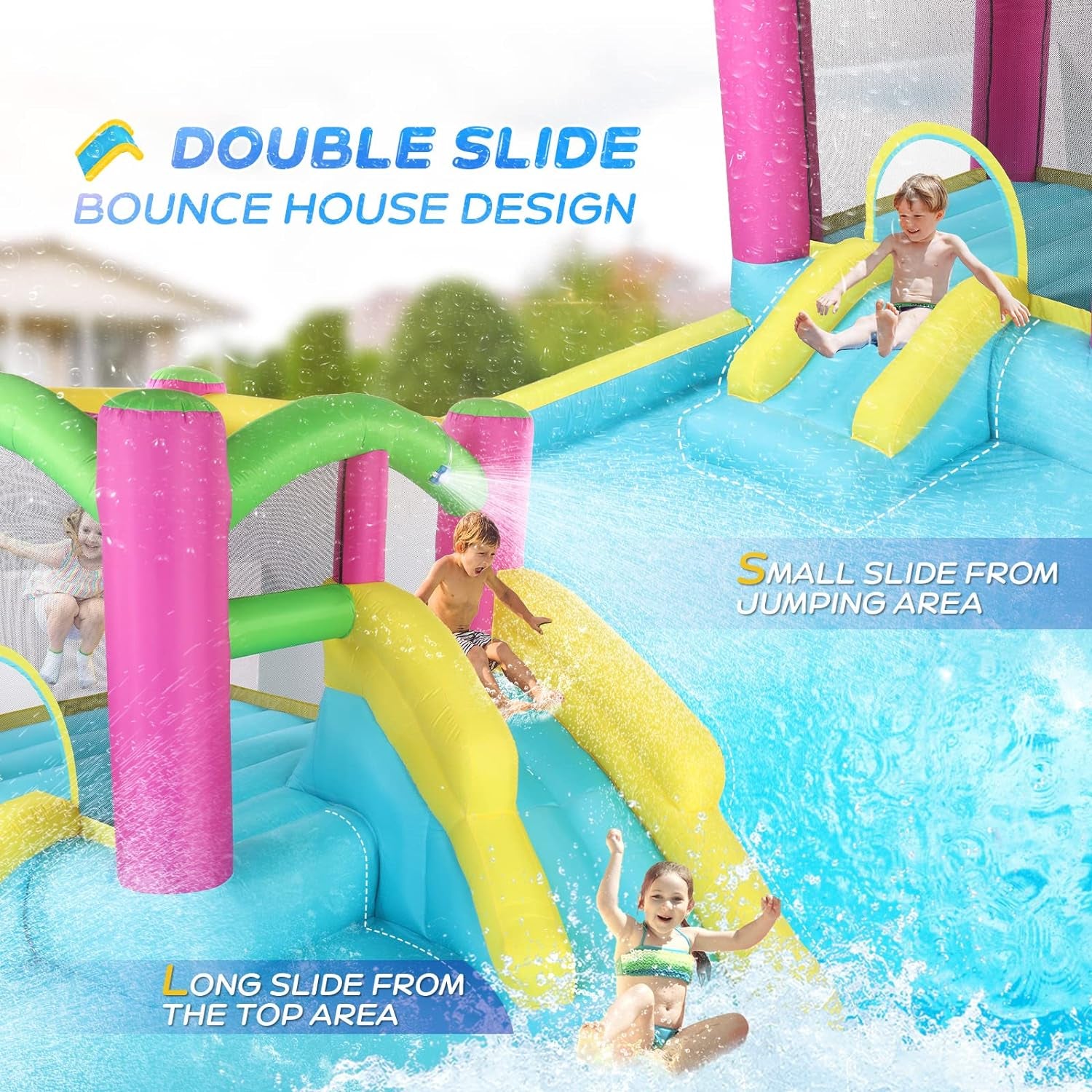 Inflatable Bounce House with Double Water Slide for Kids Toddler Age 3-10, Splash Pool Water Guns Ring-Toss Game for Outdoor Backyard Fun Water Toys Indoor Bouncy Castle with Air Blower