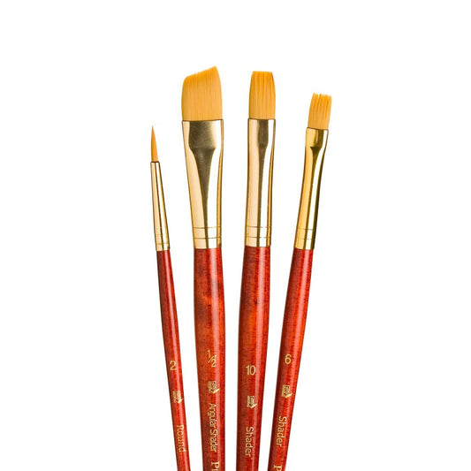 RealValue Brush Set, Gold Taklon Bristles, Short Handle Mixed Media Paintbrush, Red, 4 Pieces