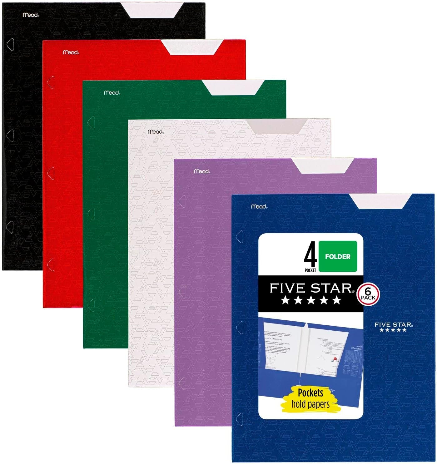 4 Pocket Folders, 6 Pack, Paper Folders, Fits 3-Ring Binders, Holds 8-1/2" X 11" Paper, Writable Label, Black, Fire Red, Forest Green, Pacific Blue, White, Amethyst Purple (38058)