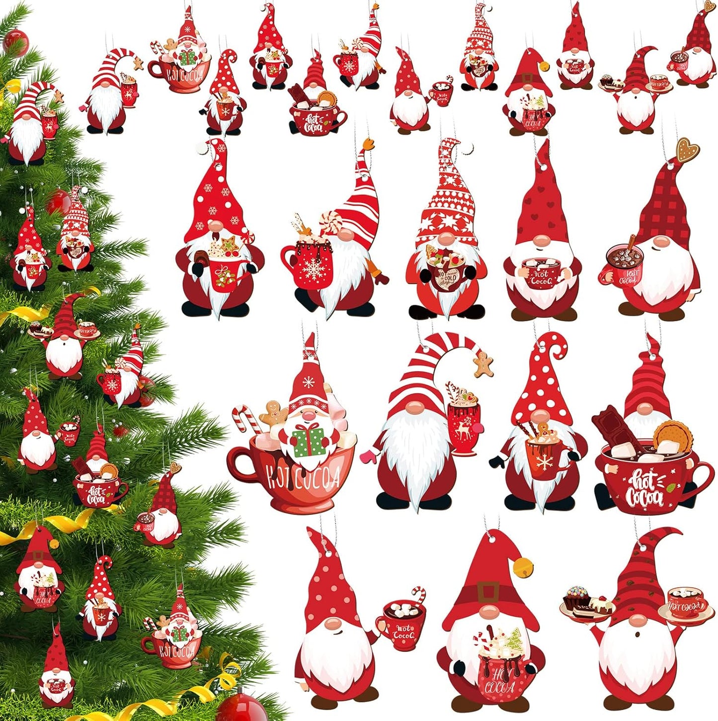 60 Pieces Winter Wooden Gnome Ornaments Wood Santa Doll Ornaments Elf Tree Ornaments Gnome Wooden Hanging Ornaments for Home Decoration