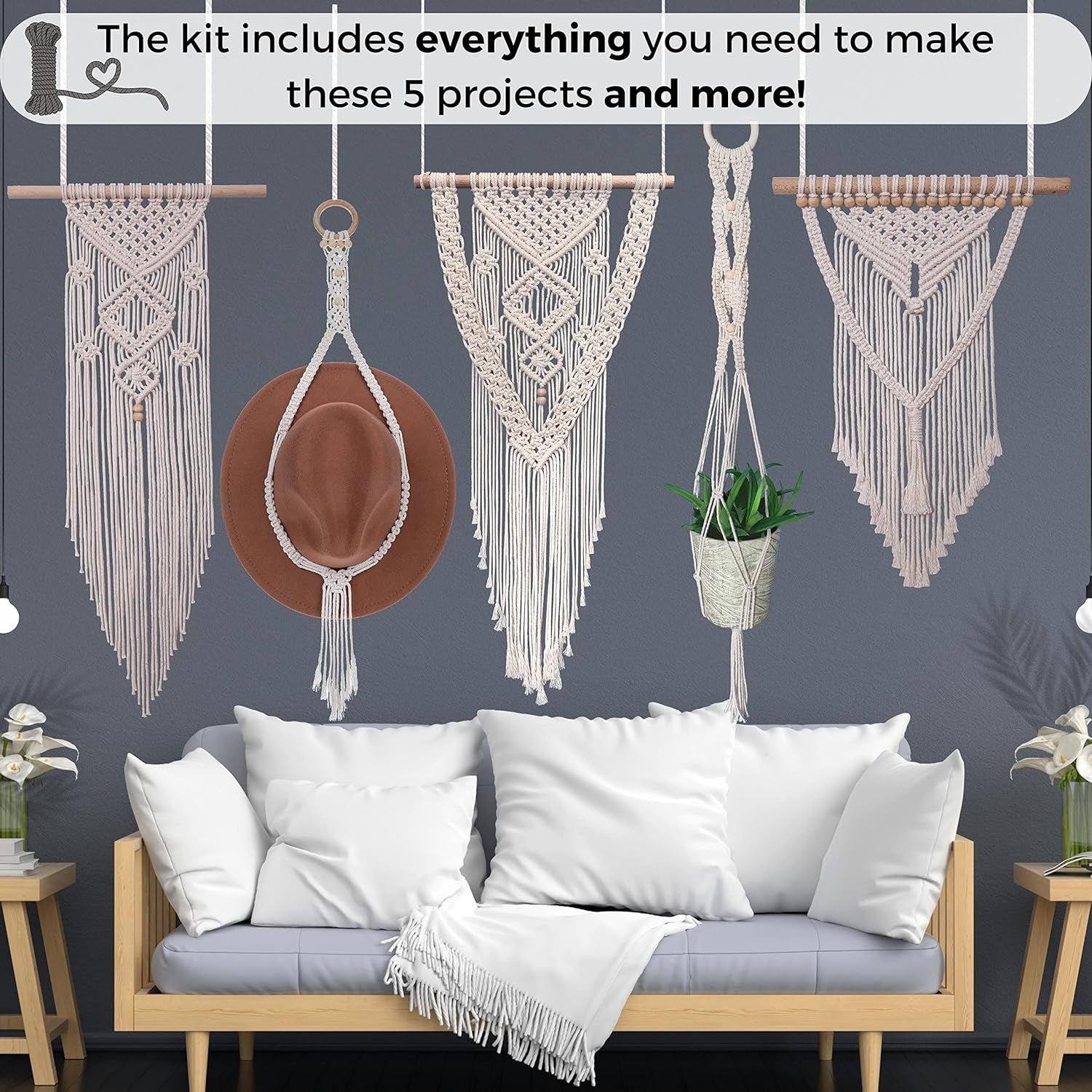 Macrame Kits for Adults Beginners: DIY Macrame Kit with 220 Yards Macrame Cord and 58Pcs Macrame Supplies. E-Book Tutorial for 5 Macrame Projects and Knots Included!