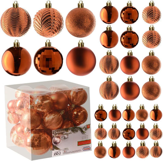 Christmas Tree Ornaments - Copper Orange Christmas Ball Ornaments Set for Christmas, Holiday, Wreath & Party Decorations (36 Pcs - Small, Medium, Large) Shatterproof, 3 Size Combo