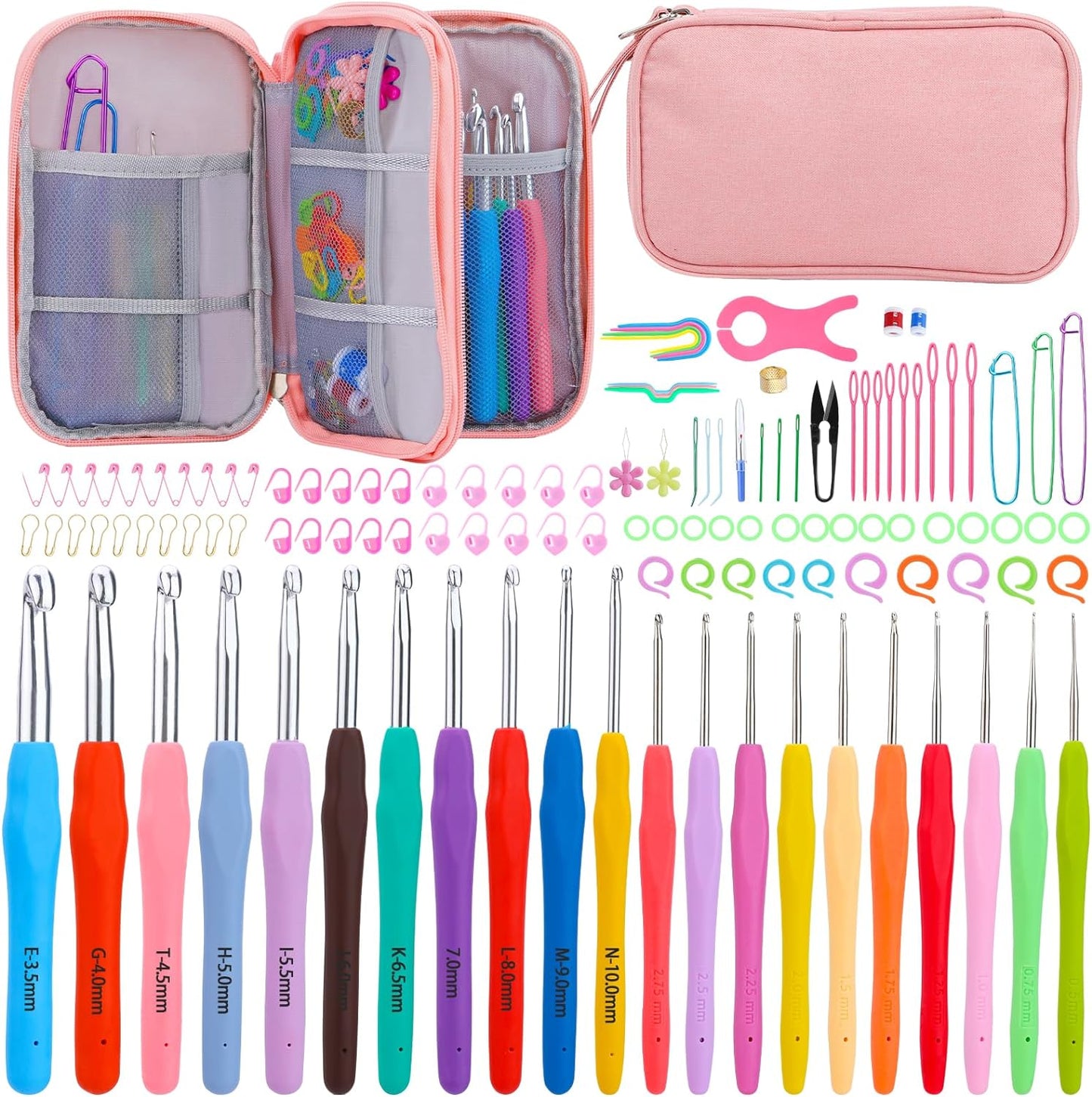 54 Pcs Crochet Needles Set, Crochet Hooks Kit with Storage Case, Ergonomic Knitting Needles Blunt Needles Stitch Marker DIY Hand Knitting Craft Art Tools for Beginners