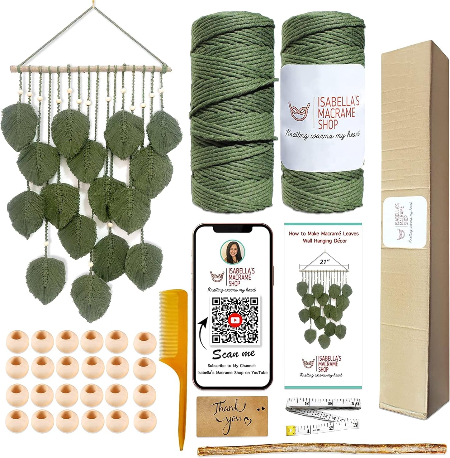 3Mmx180Yards Boho Macrame Kit -Macrame Supplies - Boho DIY Kits - Macrame Kits for Adults Beginners - Macrame Wall Hanging Kit -Leaf Tapestry, with 2 Macrame Rolls, Accessories & QR Code (Green)