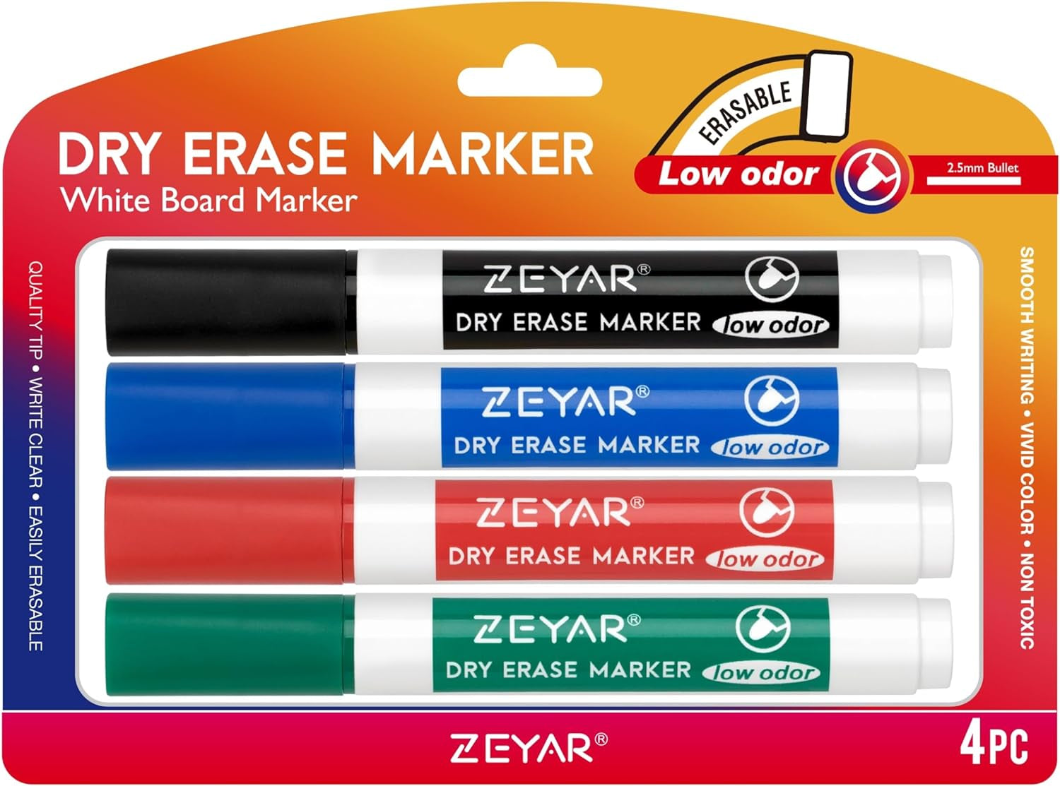 Low Odor Dry Erase Marker, Bullet Tip White Board Marker, 4 Count (4 Black)