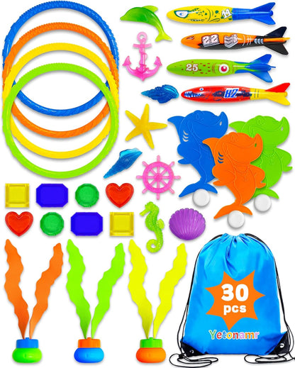 30 Pcs Pool Toys for Kids Ages 3-5, 4-8, 8-12, Pool Games Diving Toys Swimming Pool Toys Sets with Storage Bag Toddler Gifts Pool Bath Toys Water Swim Toys for Boys Girls