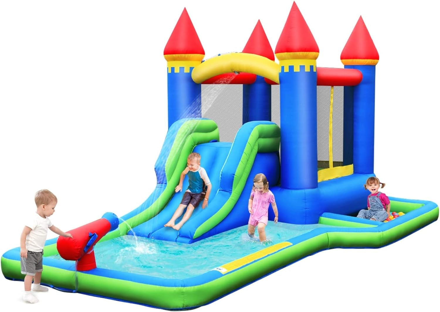 Inflatable Water Slide, Bounce House Water Slide with Ball Pit for Kids Backyard Fun W/735W Blower, Blow up Jump Bouncy Castle Water Slides Inflatables for Kids Boys Girls Outdoor Party Gifts