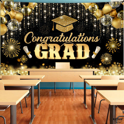 , Congratulations Grad Banner - Large, 72X44 Inch | Glitter Black and Gold Graduation Backdrop, Graduation Decorations Class of 2024 | Congratulations Banner, 2024 Graduation Party Decorations