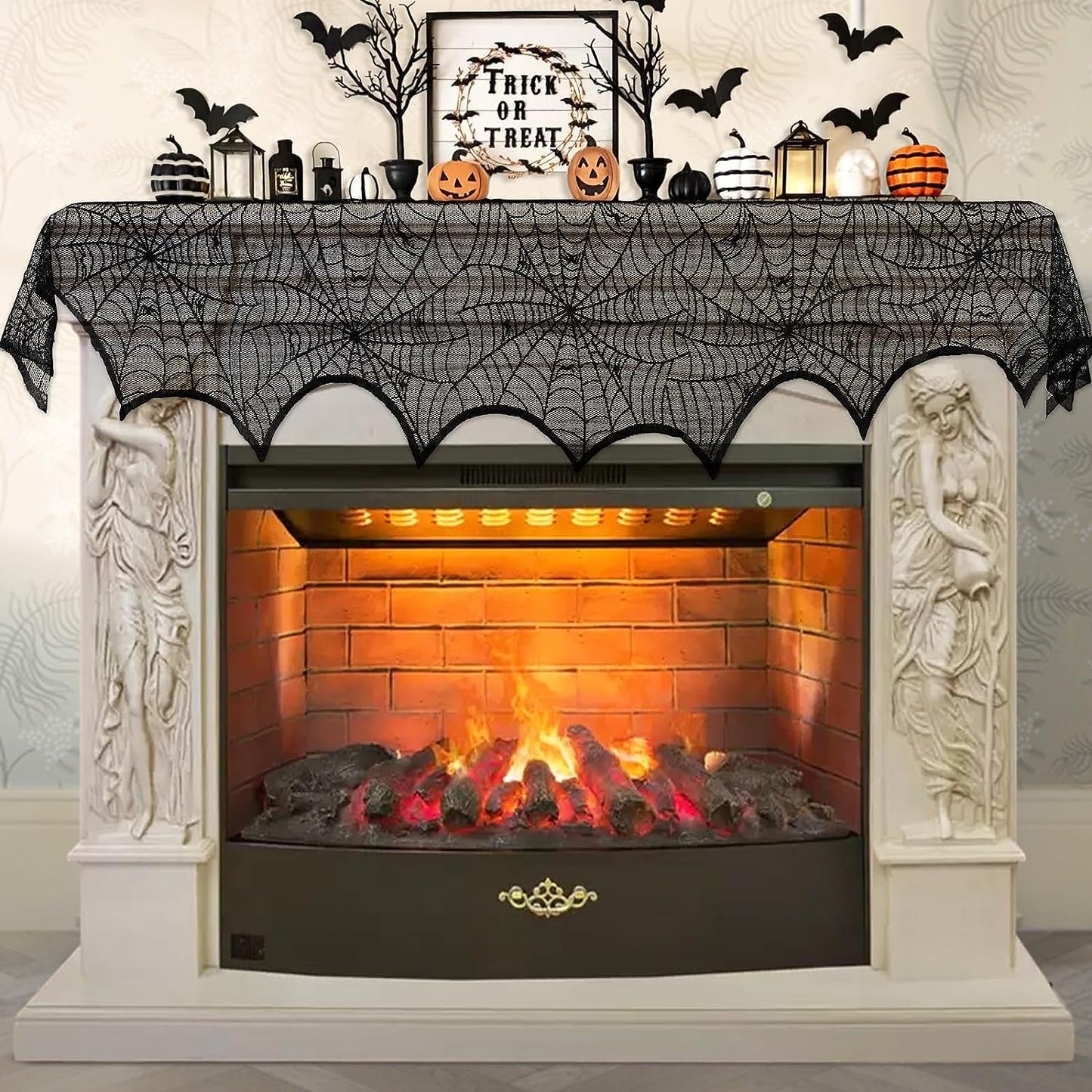 Halloween Decoration Black Lace Spiderweb Fireplace Mantle Scarf Cover Festive Party Supplies 45 X 243Cm 18 X 96 Inch