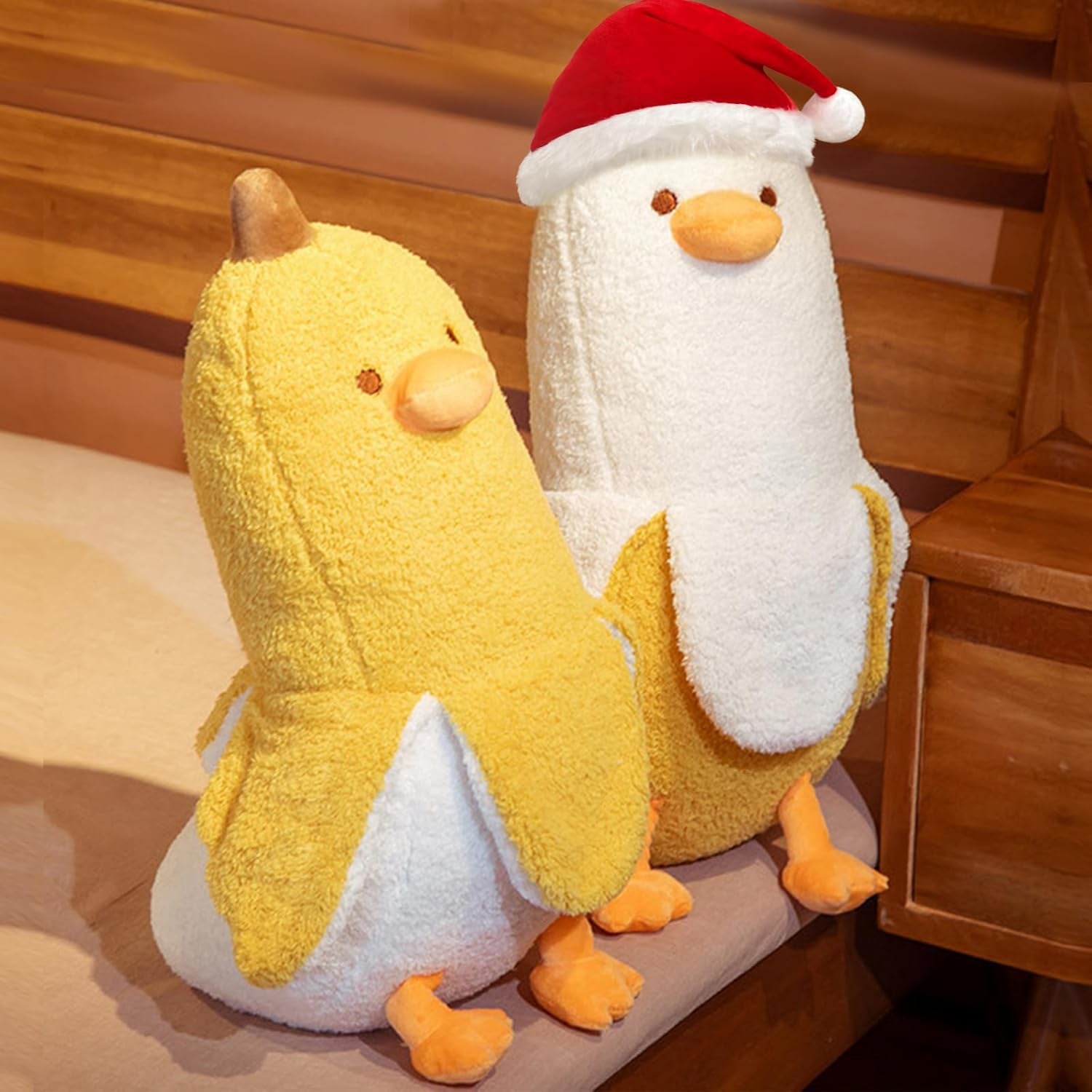Cute Banana Duck Stuffed Animal Long Banana Chef Duck Plush Pillow for Girls and Boys White 27.5"