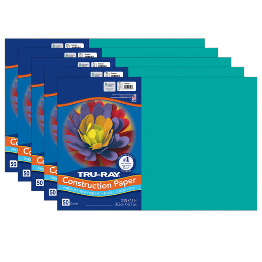 Construction Paper, Heavyweight, Turquoise, 12" x 18", 50 Sheets Per Pack, 5 Packs