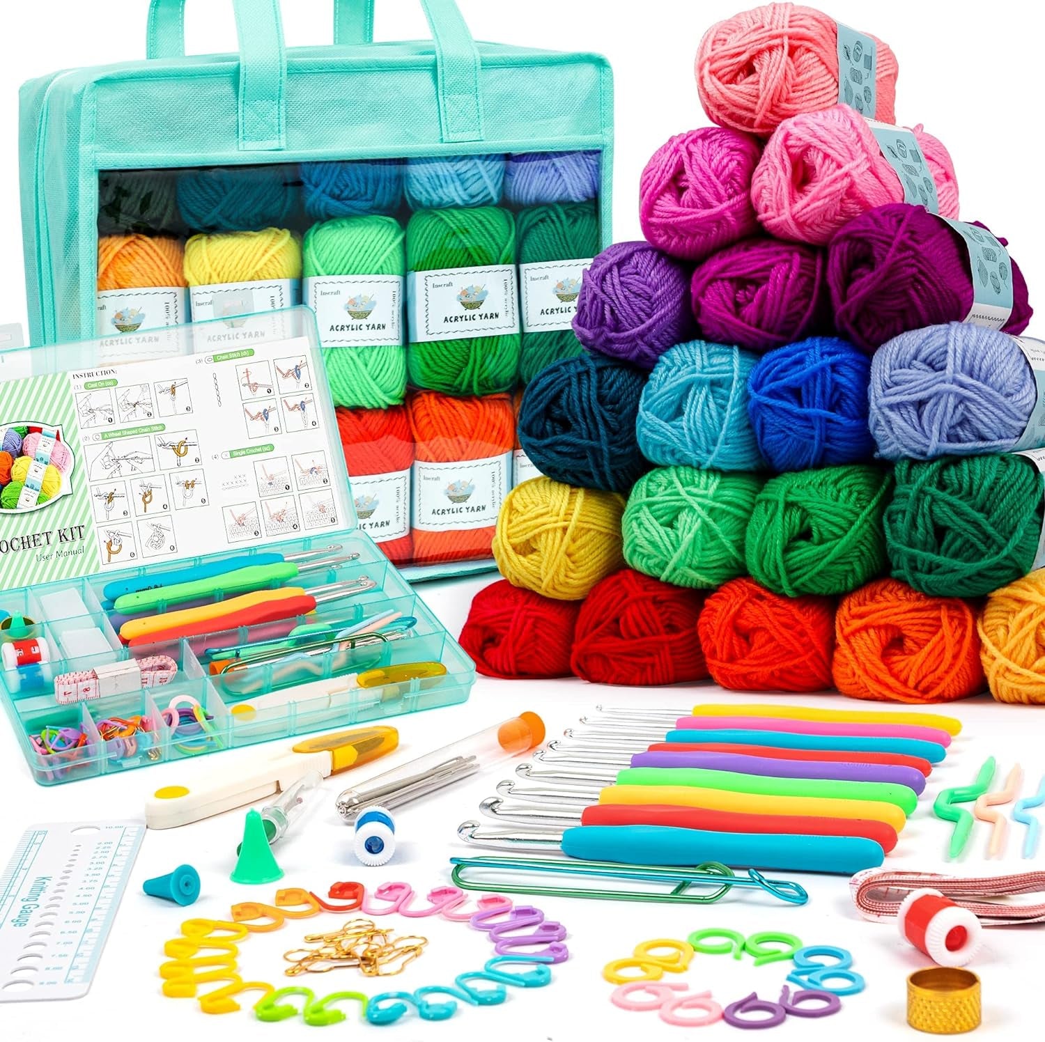 103 PCS Crochet Kit with Crochet Hooks Yarn Set, Premium Bundle Includes 1650 Yards Acrylic Yarn Skeins Balls, Needles, Accessories, Bag, Ideal Starter Pack for Kids Adults Beginner Professionals