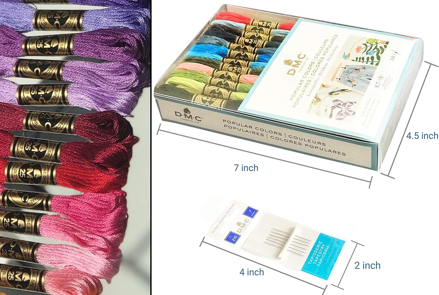 DMC Embroidery Floss Pack, Popular Colors, DMC Embroidery Thread, DMC Floss Kit Include 36 Assorted Color Bundle with DMC Mouline Cotton White/Black and DMC Cross Stitch Hand Needles.