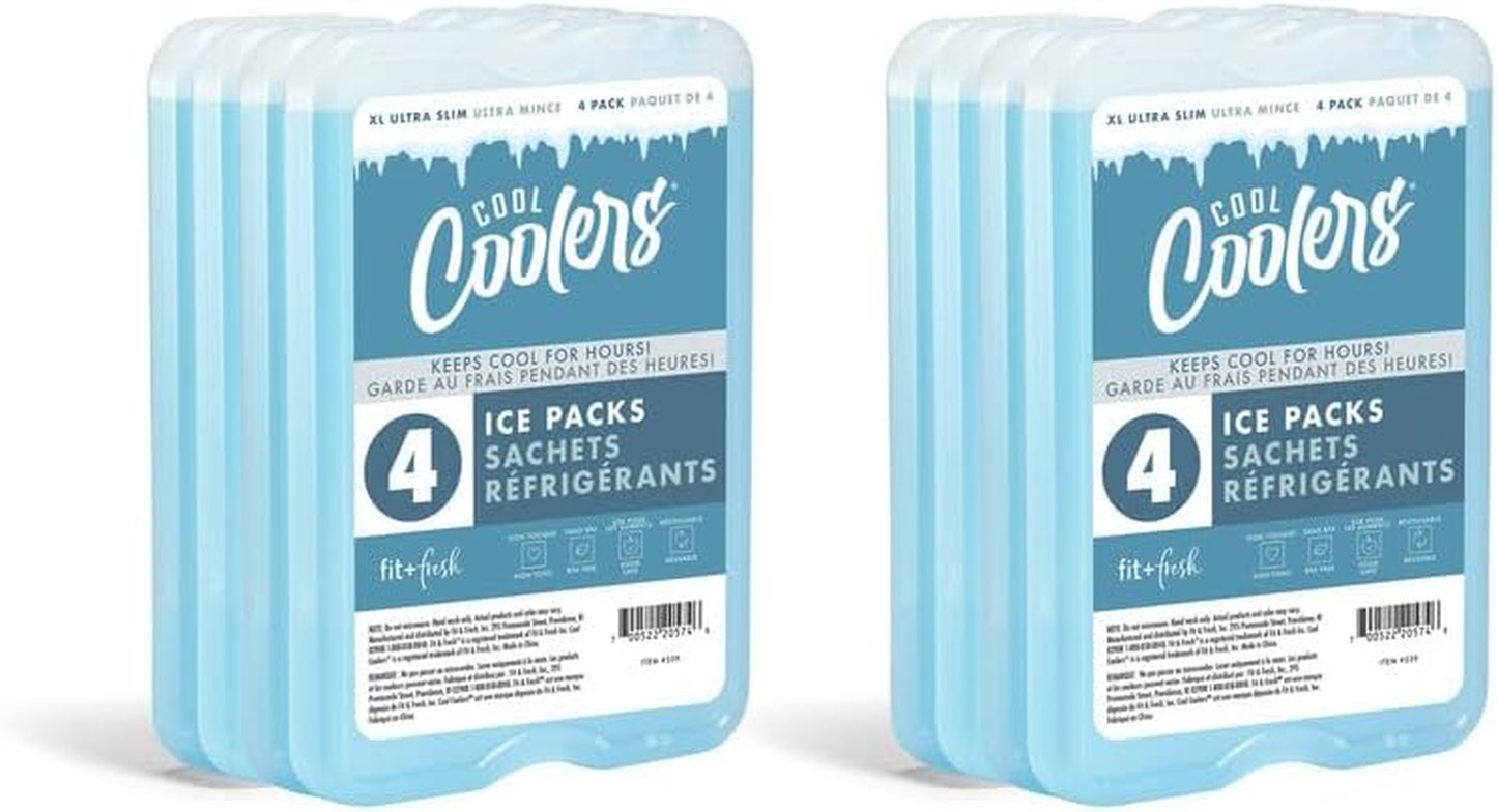 Cool Coolers by  4 Pack XL Slim Ice Packs, Quick Freeze Space Saving Reusable Ice Packs for Lunch Boxes or Coolers, Blue, 239ICE