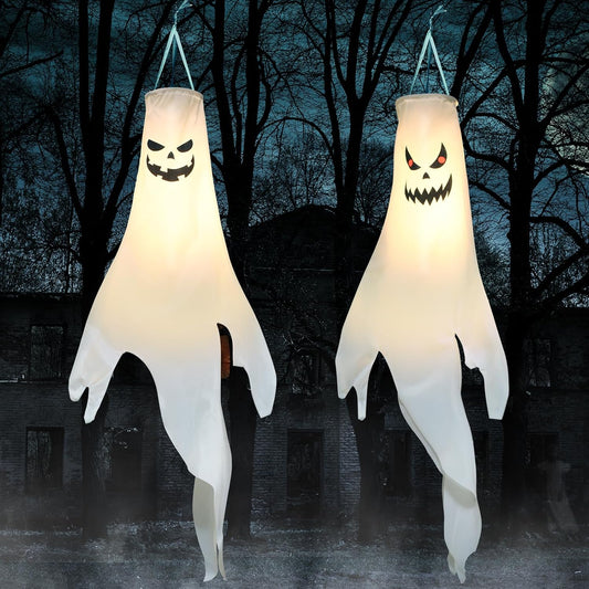 Halloween-Decorations-Outdoor Hanging-Ghost Windsocks for Trees with Timer, LED Ghosts to Hang in Tree Porch Yard, Waterproof, Timer,2 Pcs (No Batteries)