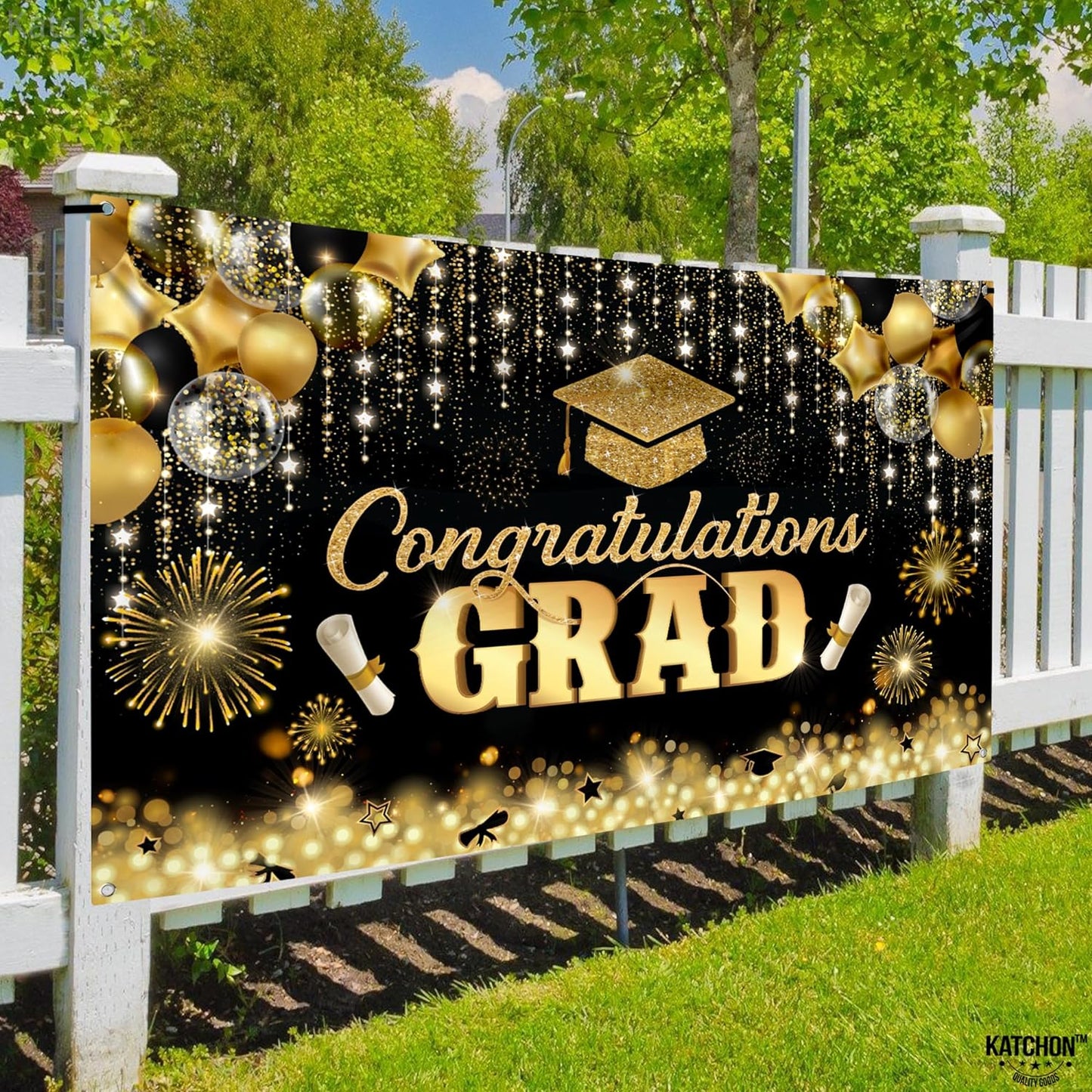 , Congratulations Grad Banner - Large, 72X44 Inch | Glitter Black and Gold Graduation Backdrop, Graduation Decorations Class of 2024 | Congratulations Banner, 2024 Graduation Party Decorations