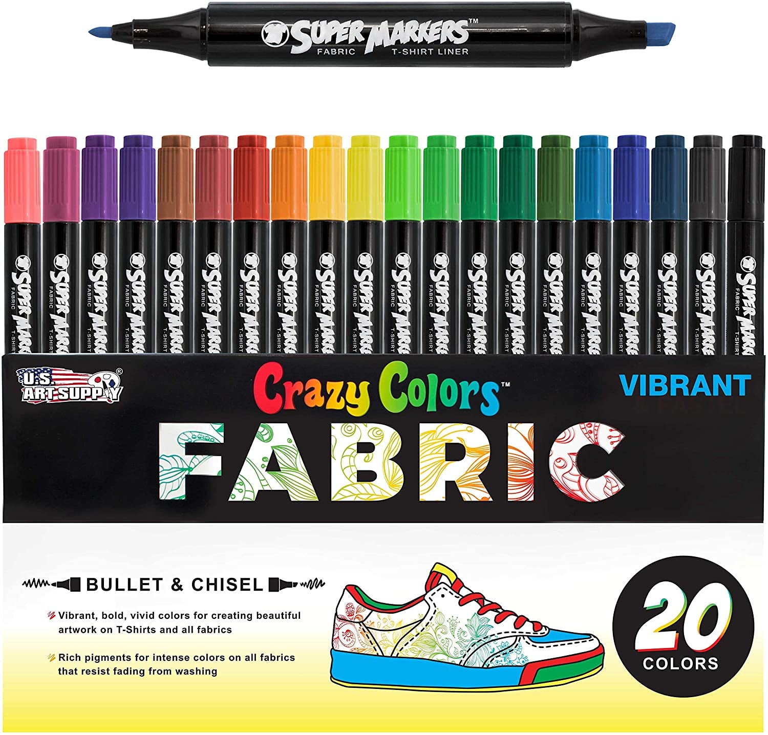 Super Markers 20 Unique Colors Dual Tip Fabric & T-Shirt Marker Set-Double-Ended Fabric Markers with Chisel Point and Fine Point Tips - 20 Permanent Ink Vibrant and Bold Colors