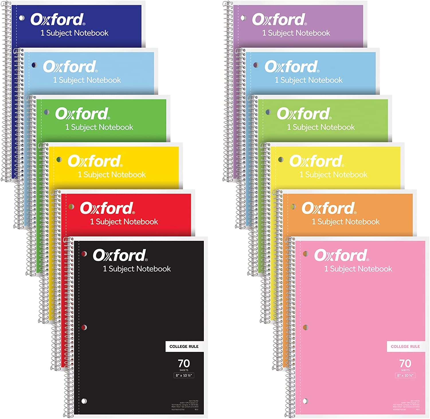 Spiral Notebook 12 Pack, 1 Subject, College Ruled Paper, 8 X 10-1/2 Inches, Color Assortment May Vary, 70 Sheets (65205)
