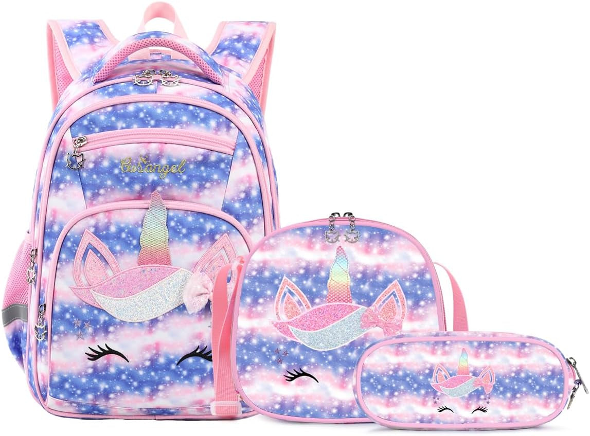 Girls Backpack with Lunch Box Pencil Case,Cute Multi Compartment Preschool Elementary Primary Backpack for Girls Sky Unicorn 3Pcs Backpack for Girls