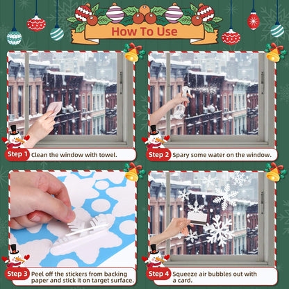 Kesoto 96PCS Christmas Decoration Snowflake Window Clings Glueless PVC Wall Stickers for Windows Glass for Christmas New Year Winter Party, 10 Sheets