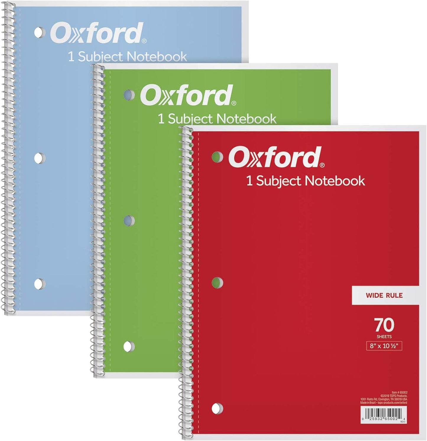 1-Subject Notebooks, 8" X 10-1/2", Wide Rule, 70 Sheets, 3 Pack, Color Assortment May Vary (65029)