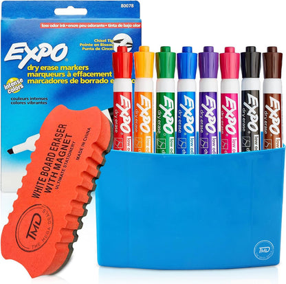 Whiteboard Markers, 8 Chisel Tip Dry Erase Markers, Magnetic Marker Holder & Eraser, Quick-Drying Ink, Low Odor, Non-Toxic, Ideal for Classroom, Home, or Office Supplies