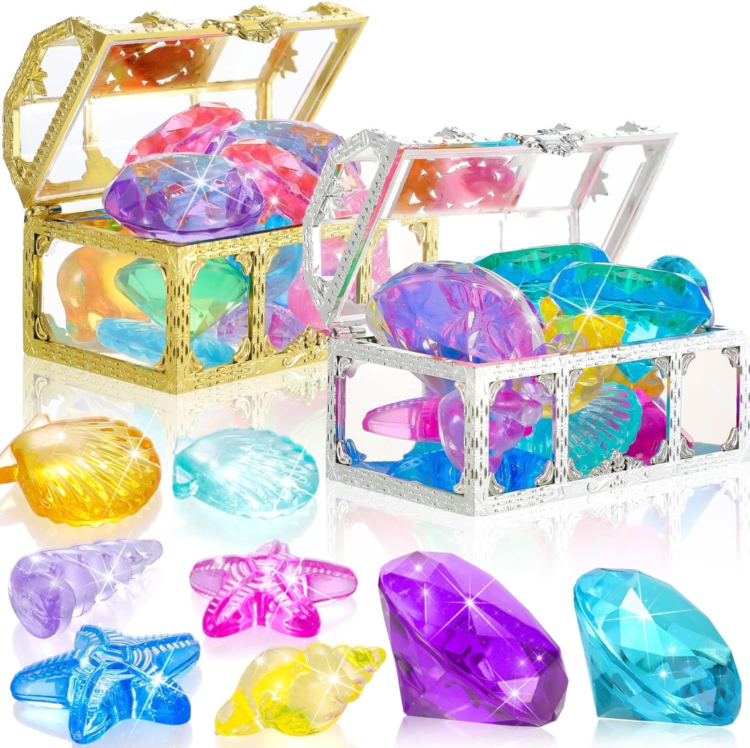 24 Pcs Diving Gems Toys Colorful Mermaid Pool Toys with 2 Treasure Pirate Boxes Summer Treasure Toys Set for Girls Underwater Swimming Birthday Prizes Decoration(Ocean Style)