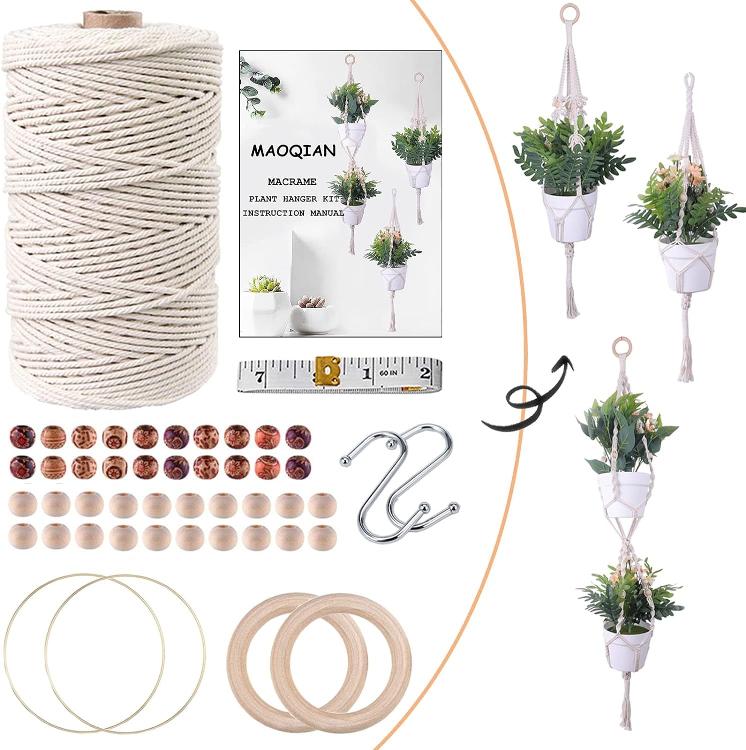 120Pcs Macrame Kits for Beginners 3Mm X 109Yards Natural Cotton Macrame Cord with Wooden Beads & Rings,Wooden Sticks,Metal Rings Macrame Supplies Best for Macrame Plant Hanger