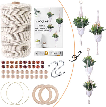 120Pcs Macrame Kits for Beginners 3Mm X 109Yards Natural Cotton Macrame Cord with Wooden Beads & Rings,Wooden Sticks,Metal Rings Macrame Supplies Best for Macrame Plant Hanger