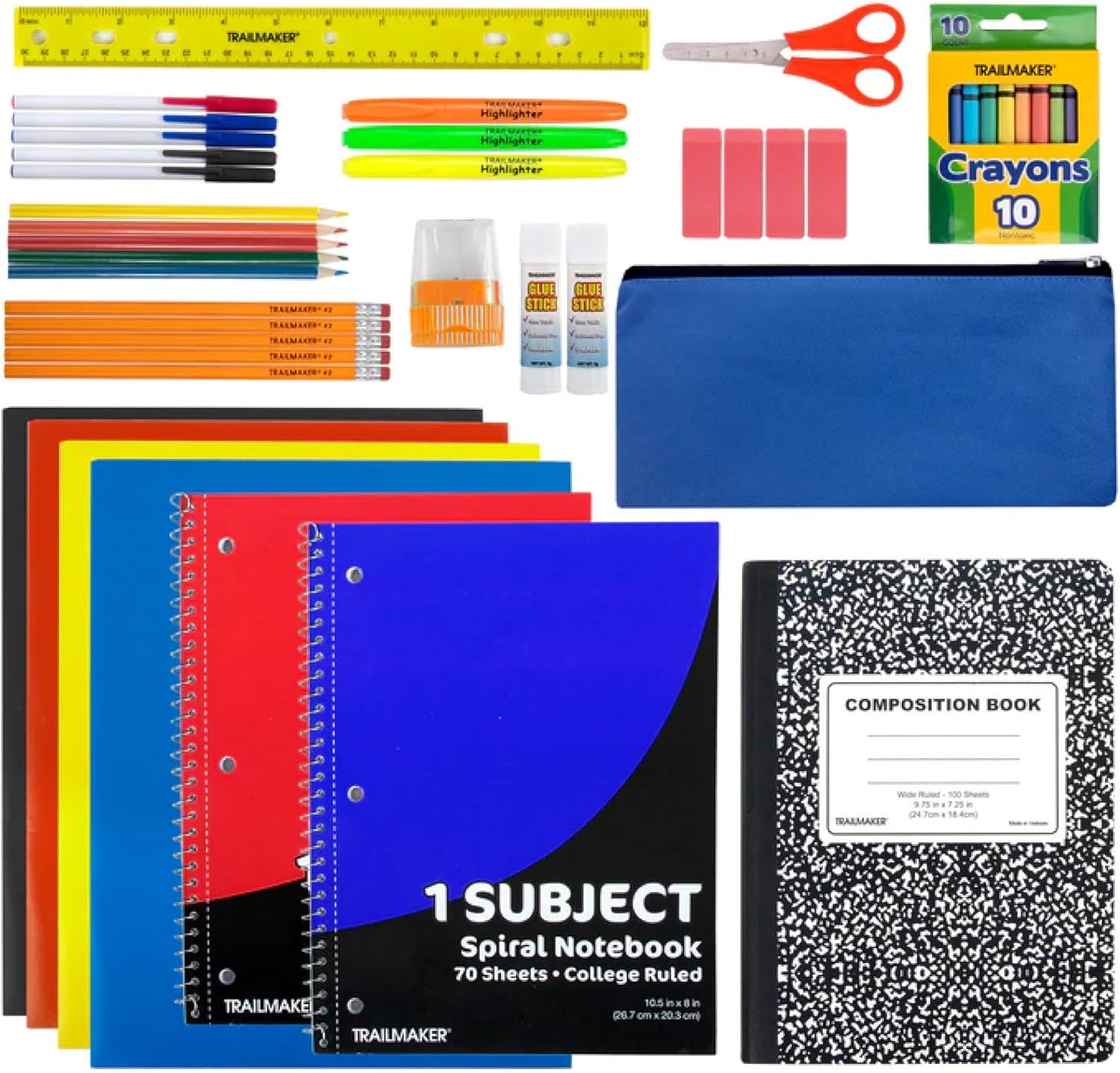 45 Piece School Supply Kit Grades K-12 - School Essentials Includes Folders Notebooks Pencils Pens and Much More!