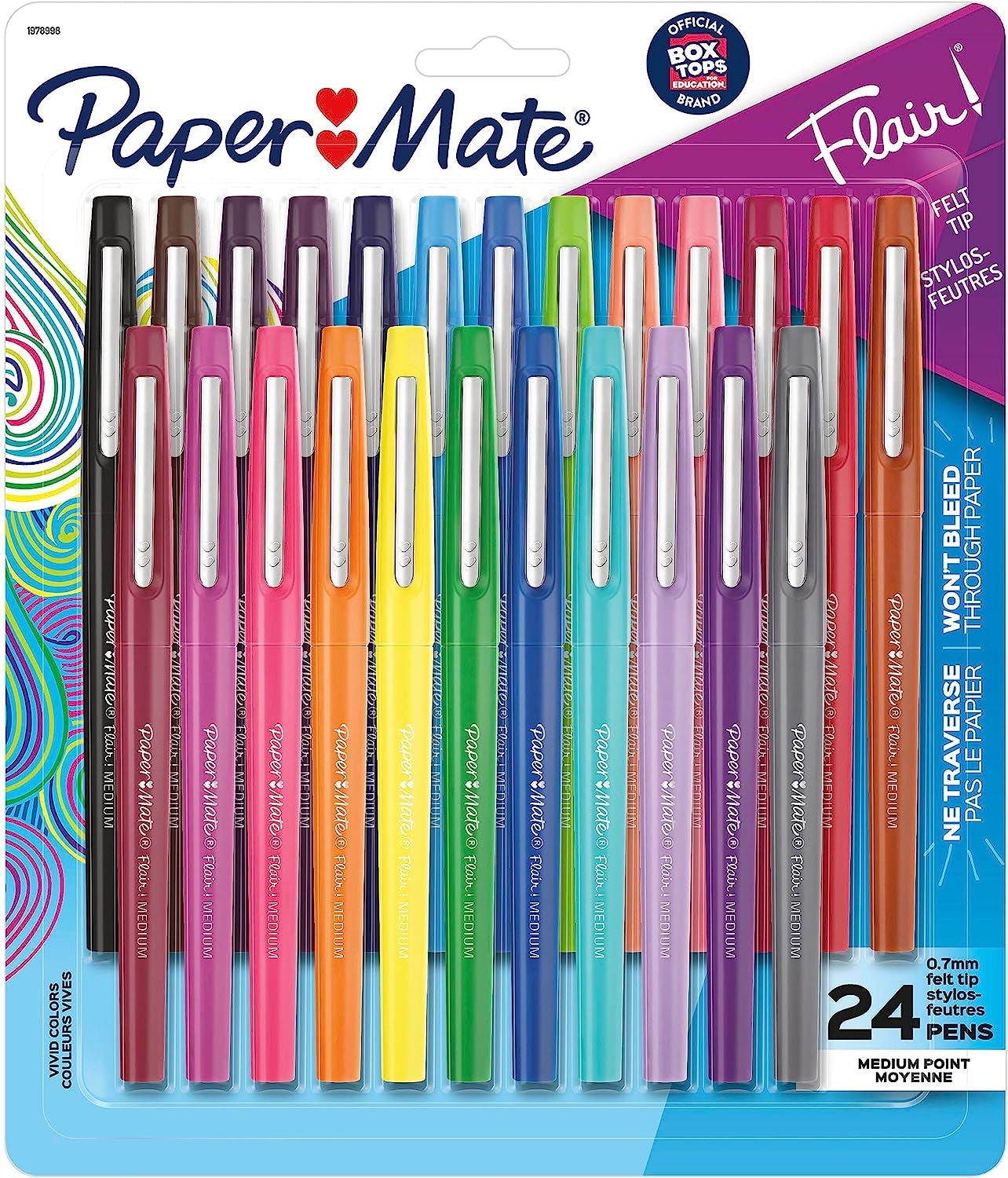 Felt Tip Pens Flair Marker Pens, Medium Point, Assorted, 24 Count