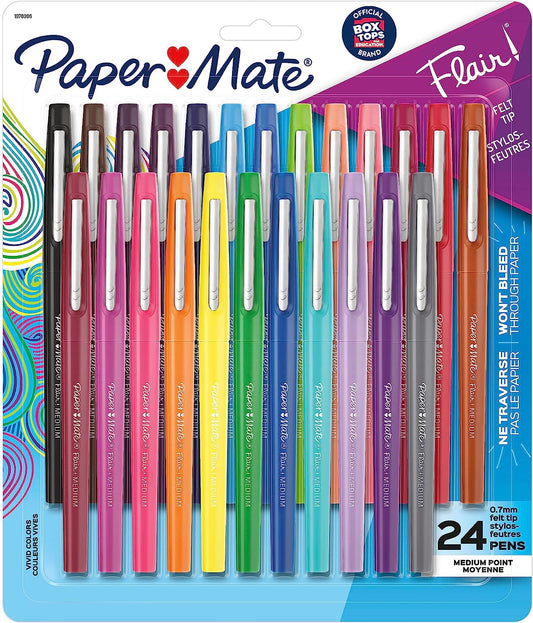 Felt Tip Pens Flair Marker Pens, Medium Point, Assorted, 24 Count