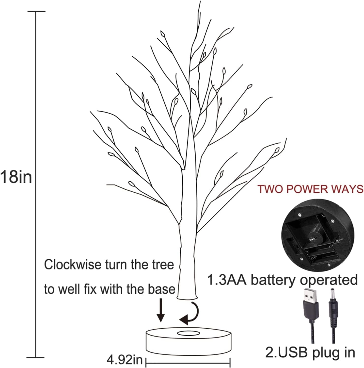 Lighted Tabletop Artificial Small Tree Snow Dusted 24 LED 18IN Battery Operated with Timer Indoor Use for Halloween Christmas Tree Decoration