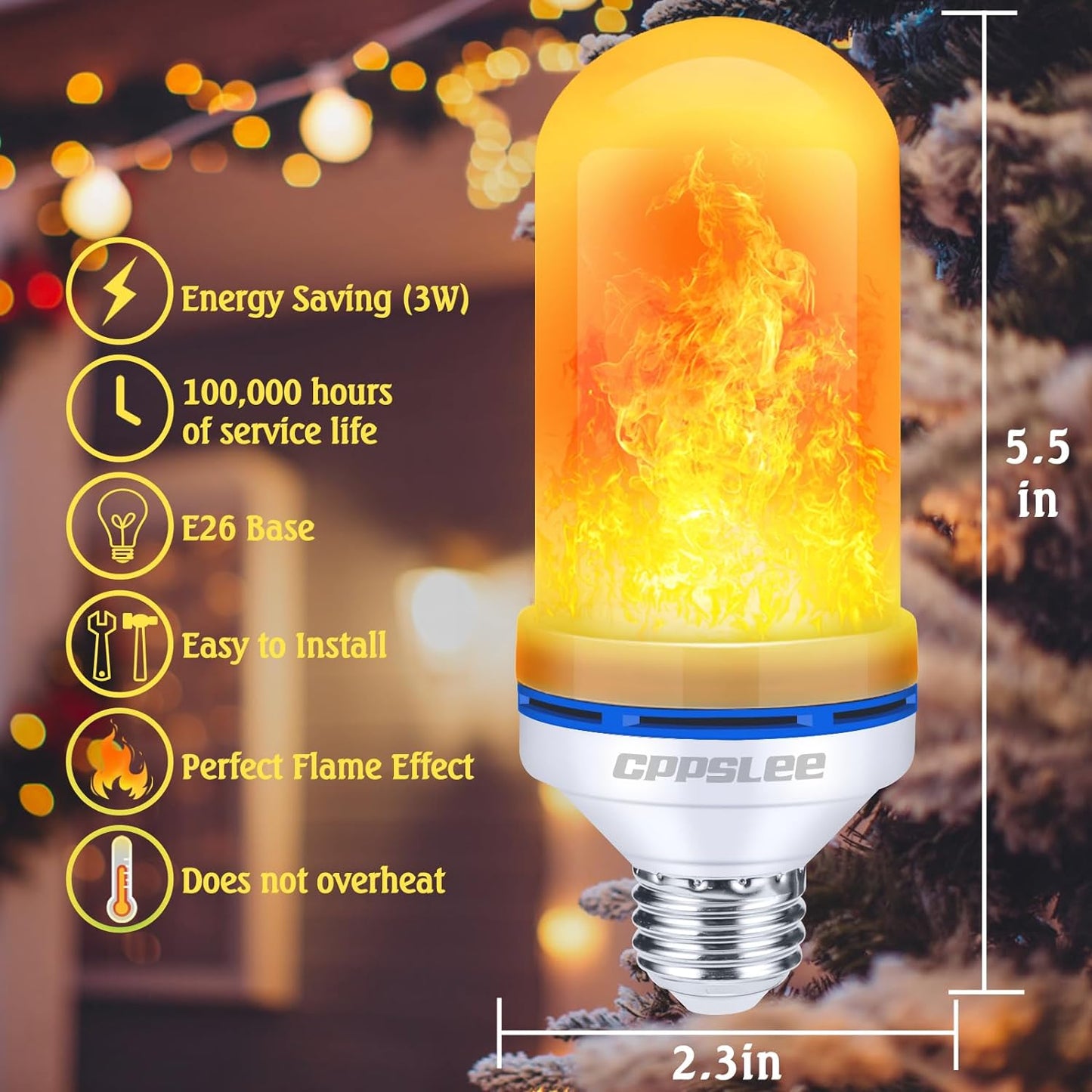 LED Flame Light Bulbs, 4 Modes Flickering Light Bulbs, E26 Base Fire Flame Bulb, Halloween, Christmas Party Porch Outdoor and Indoor Home Decorations(Yellow, 2 Pack)