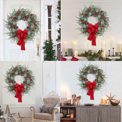 20 Inch Artificial Christmas Wreath Christmas Wreaths for Front Door with Pine Needles Pine Cones Red Berries Eucalyptus Leaves Red Bow for Home Office Wall Window Fireplace Winter Holidays