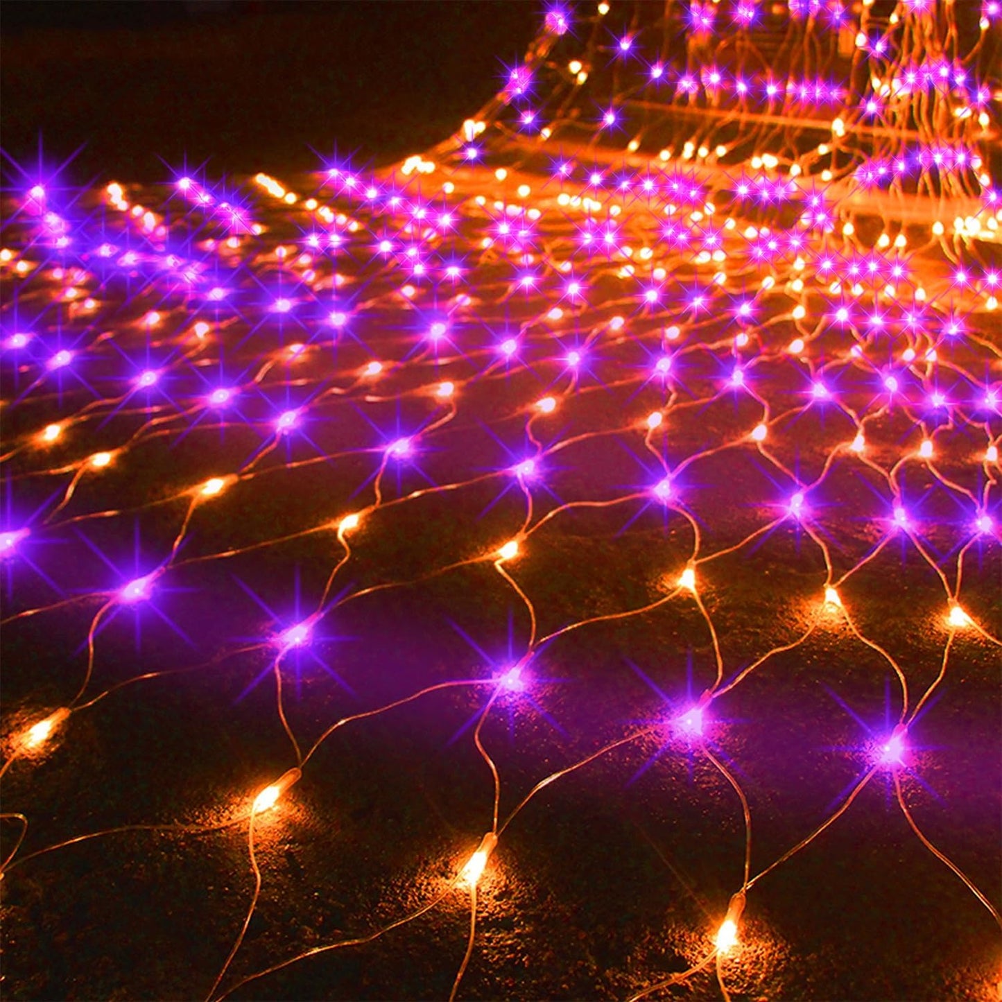 Outdoor Halloween Net Lights, 12FT X 5FT 360 LED Fairy String Light with 8 Lighting Modes, Connectable Light Safe Adaptor for Garden Tree Bushes Holiday Party Decorations, Orange & Purple