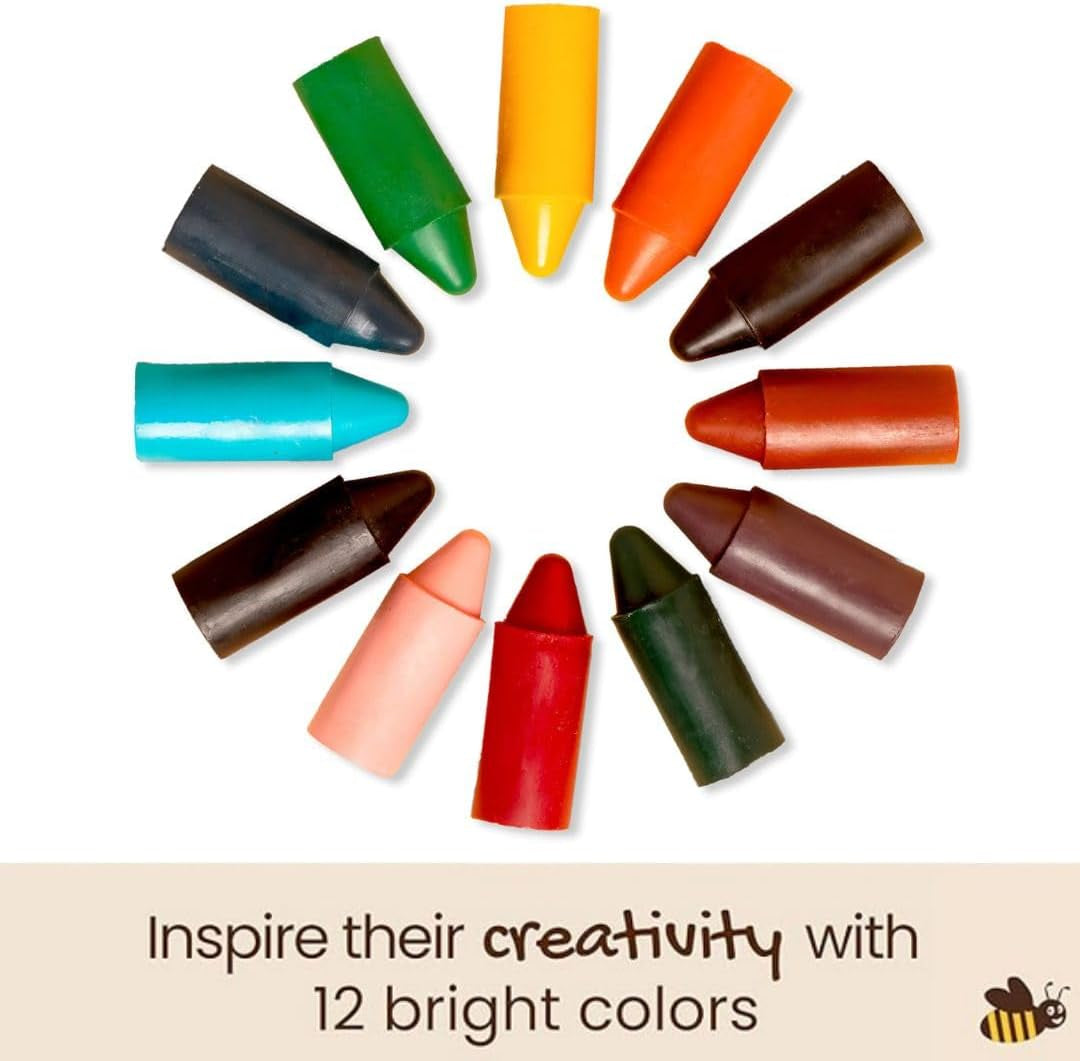 100% Pure Beeswax Crayons (12 Pack) - Non-Toxic Crayons, Safe for Babies and Toddlers, for 1 Year Plus, Handmade in New Zealand with Natural Beeswax and Food-Grade Colors, Eco-Friendly.