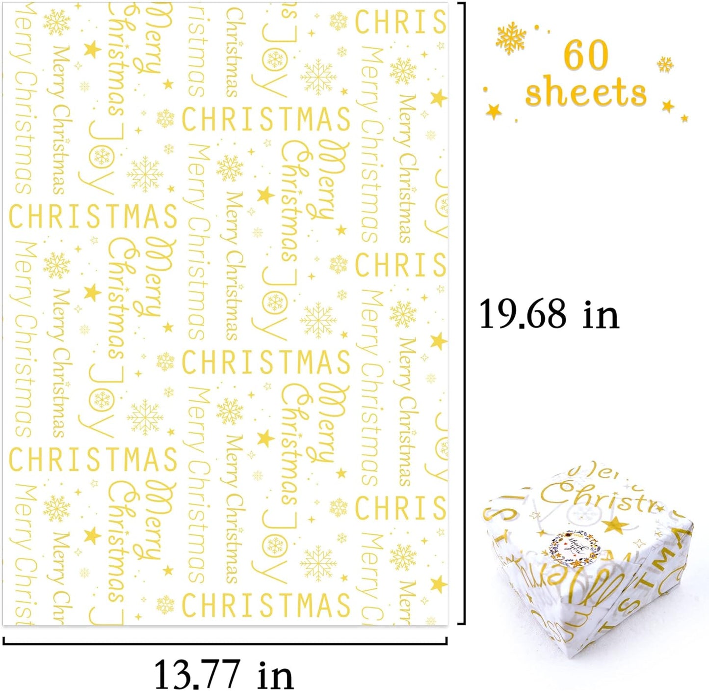 60 Sheets White with Gold Merry Christmas Tissue Paper Bulk,20" X 14",Gold Christmas Tissue Paper for Gift Bags,Merry Christmas Tissue Paper