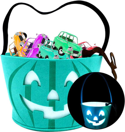 Light up Teal Pumpkin Halloween Felt Trick or Treat Bucket, with Blue LED Lights, Halloween Party Favors, Halloween Snacks, Halloween Goodie Bags for Kids, Novlety Gifts