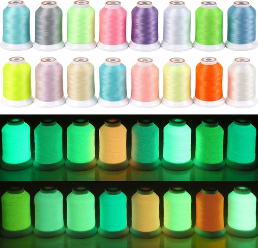 16 Colors Luminary Glow in the Dark Embroidery Machine Thread Kit 30WT 500M(550Y) Each Spool for Embroidery, Quilting, Sewing