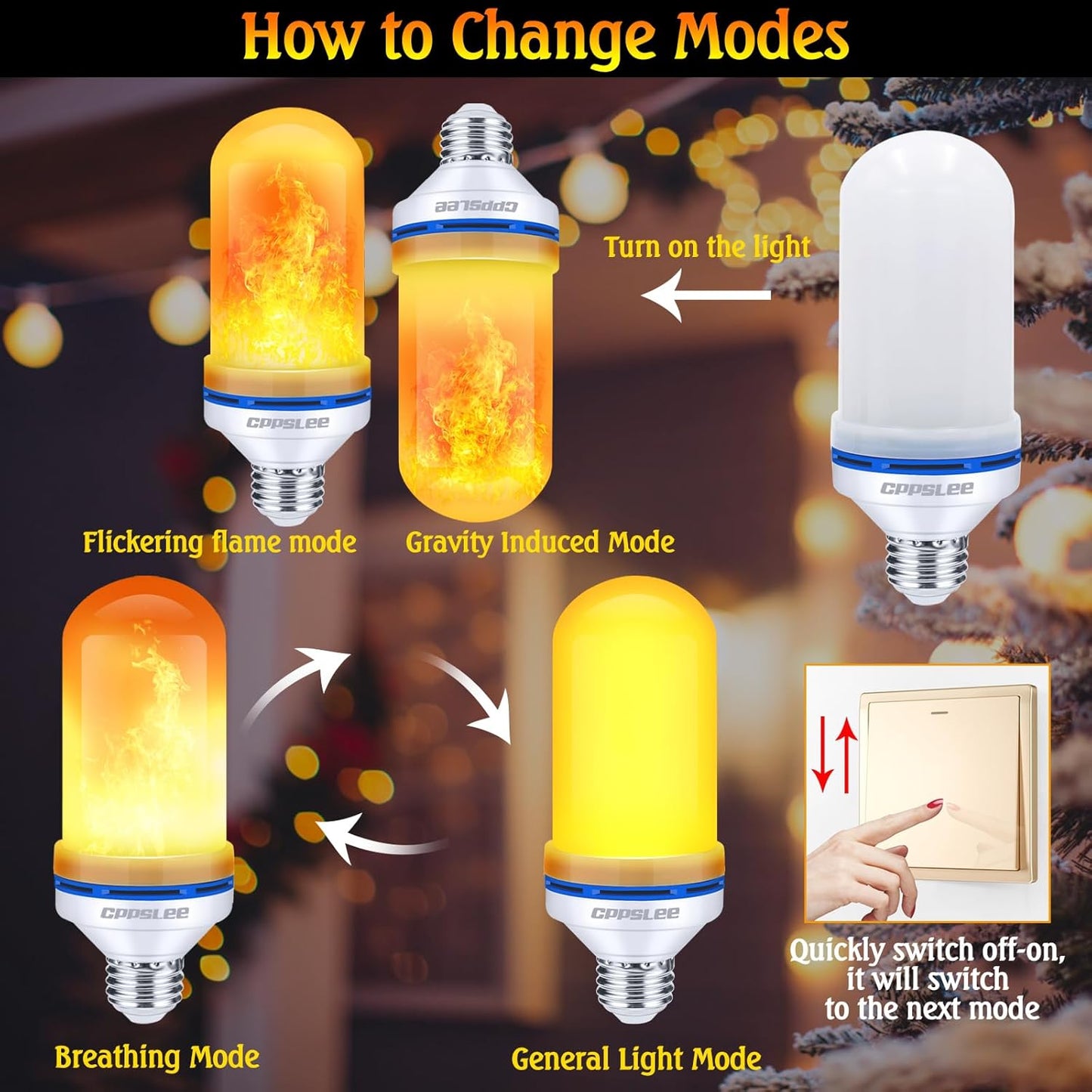 LED Flame Light Bulbs, 4 Modes Flickering Light Bulbs, E26 Base Fire Flame Bulb, Halloween, Christmas Party Porch Outdoor and Indoor Home Decorations(Yellow, 2 Pack)