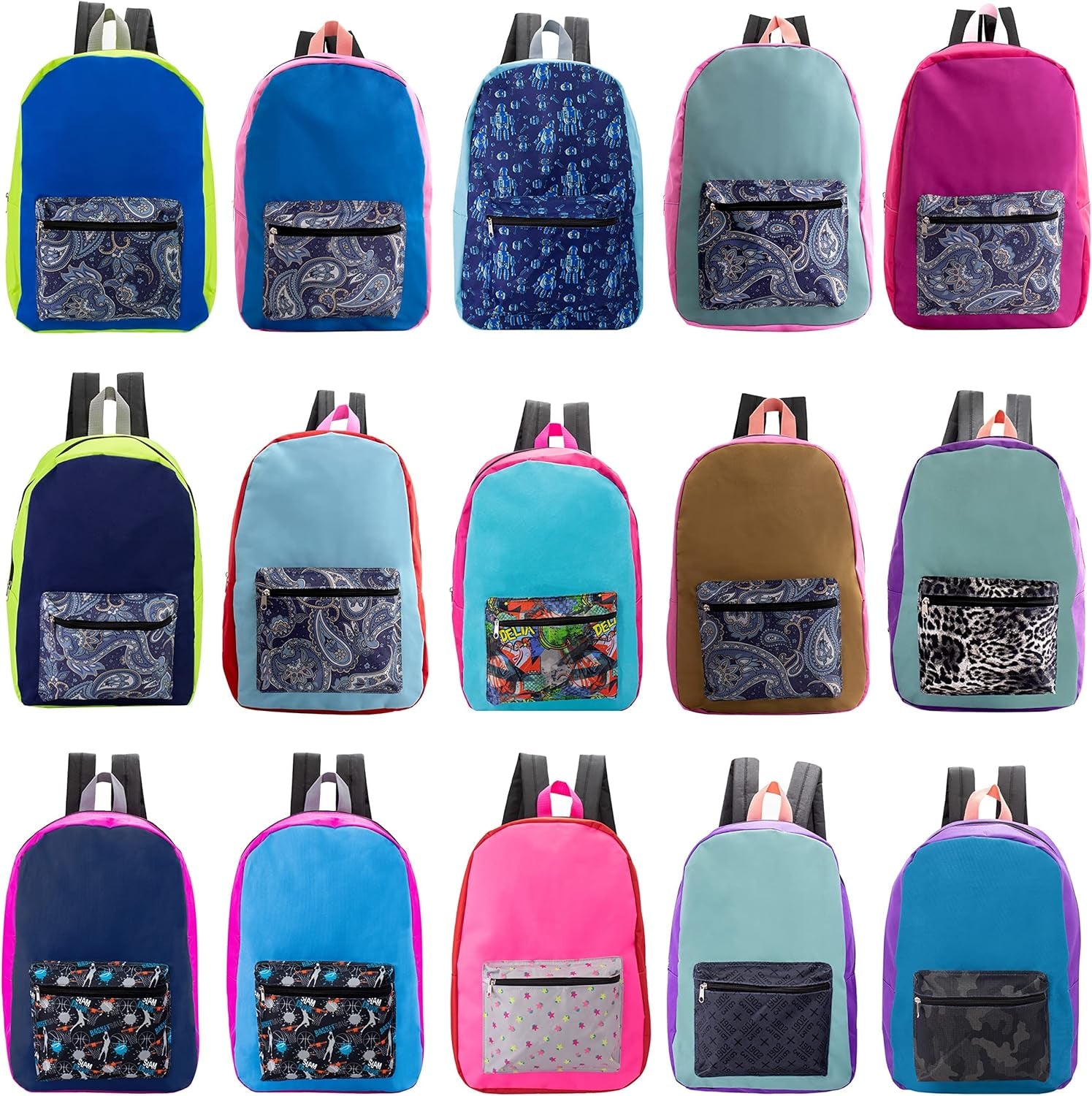 24-Pack 17" School Backpacks for Kids - Backpacks in Bulk for Elementary, Middle, and High School Students, 12 Assorted Colors
