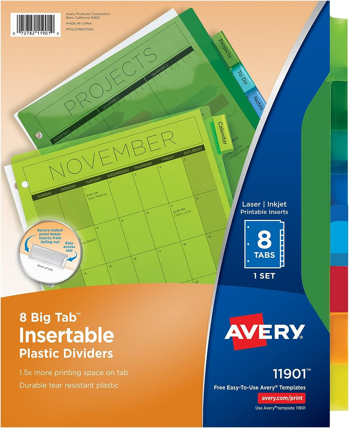 Dividers for 3 Ring Binders, 8-Tab Binder Dividers, Plastic Binder Dividers, Insertable Big Tabs, Multicolor, 1 Set (11901)